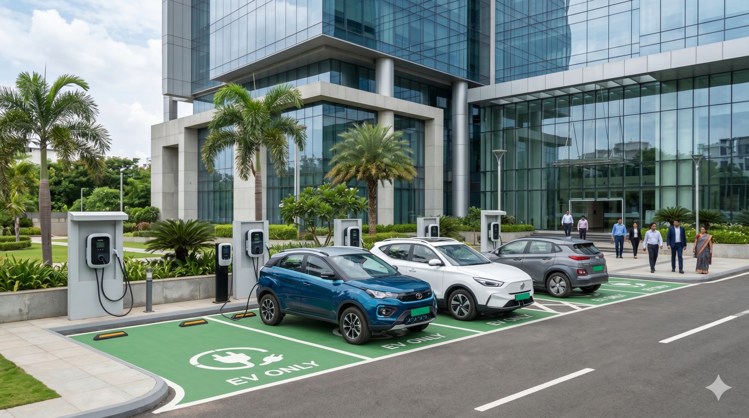 EV charging station at commercial hub and office parking area