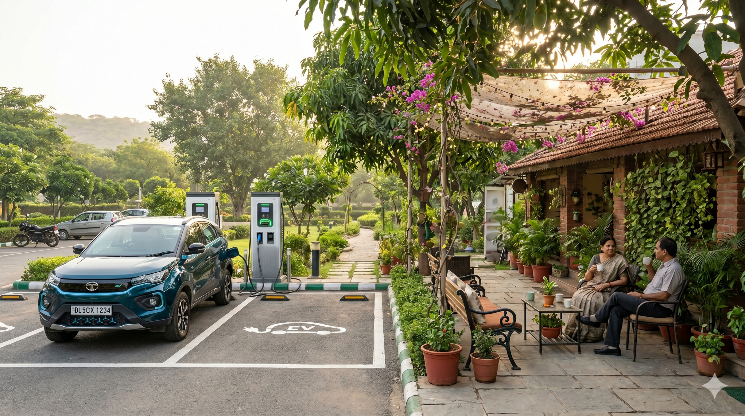 User-friendly amenities at a public EV charging station