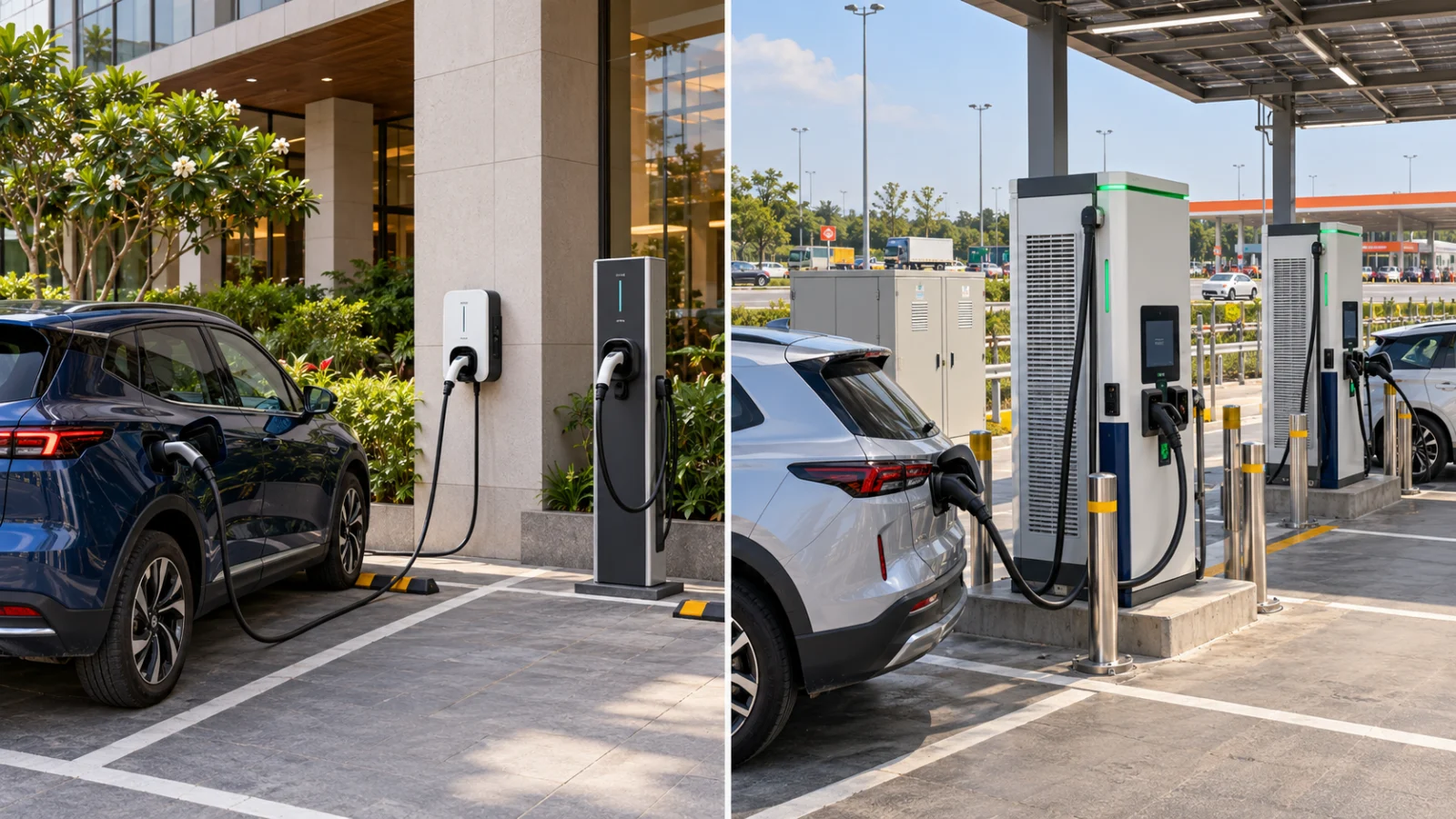 Destination AC charger and highway DC fast charger side by side