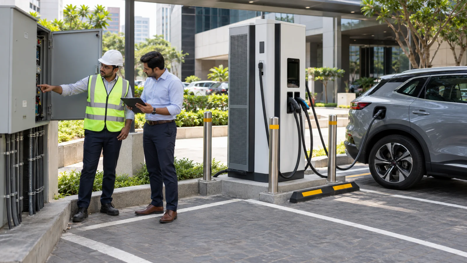 Engineer and manager inspecting an EV charging station control panel