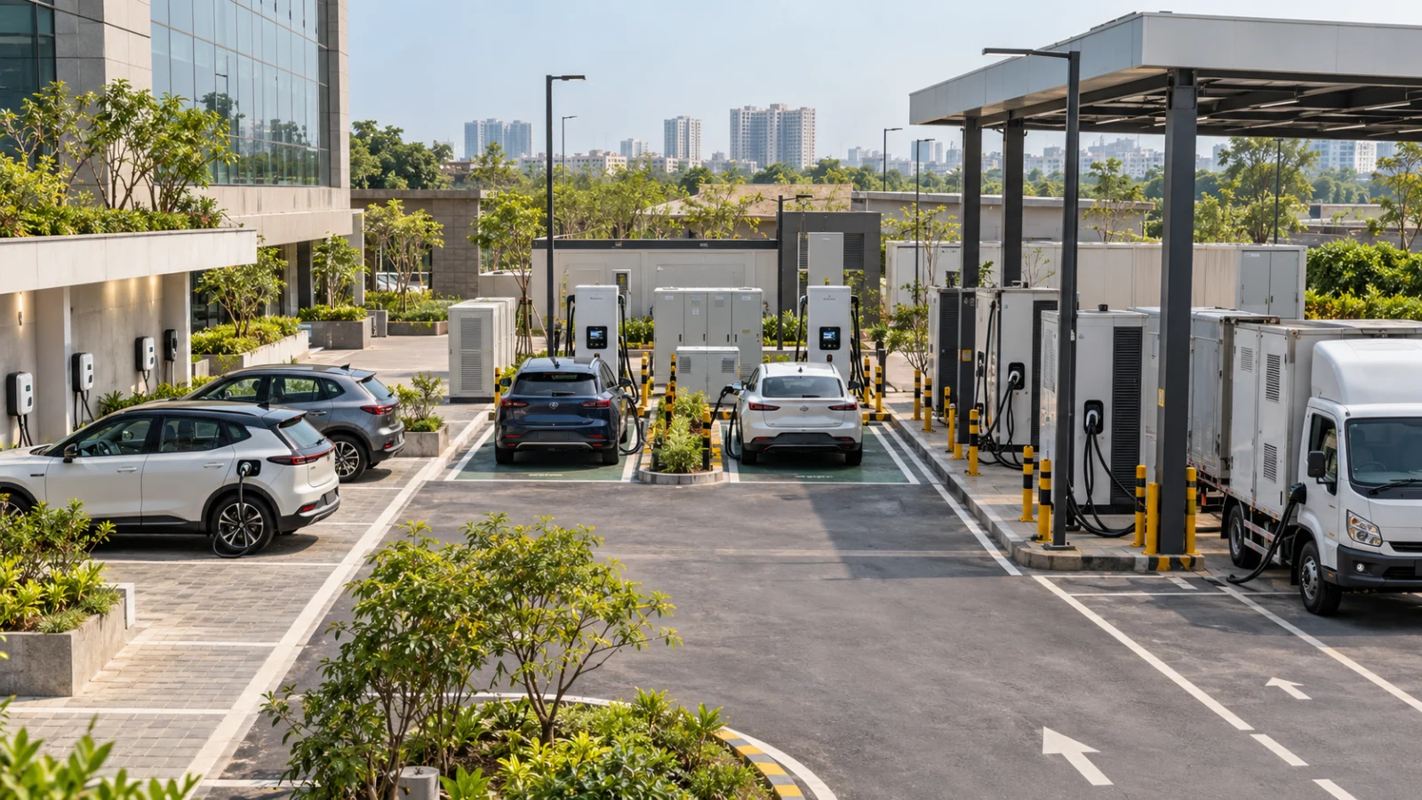 Modern EV charging hub in India with cars and an electric van charging under canopies