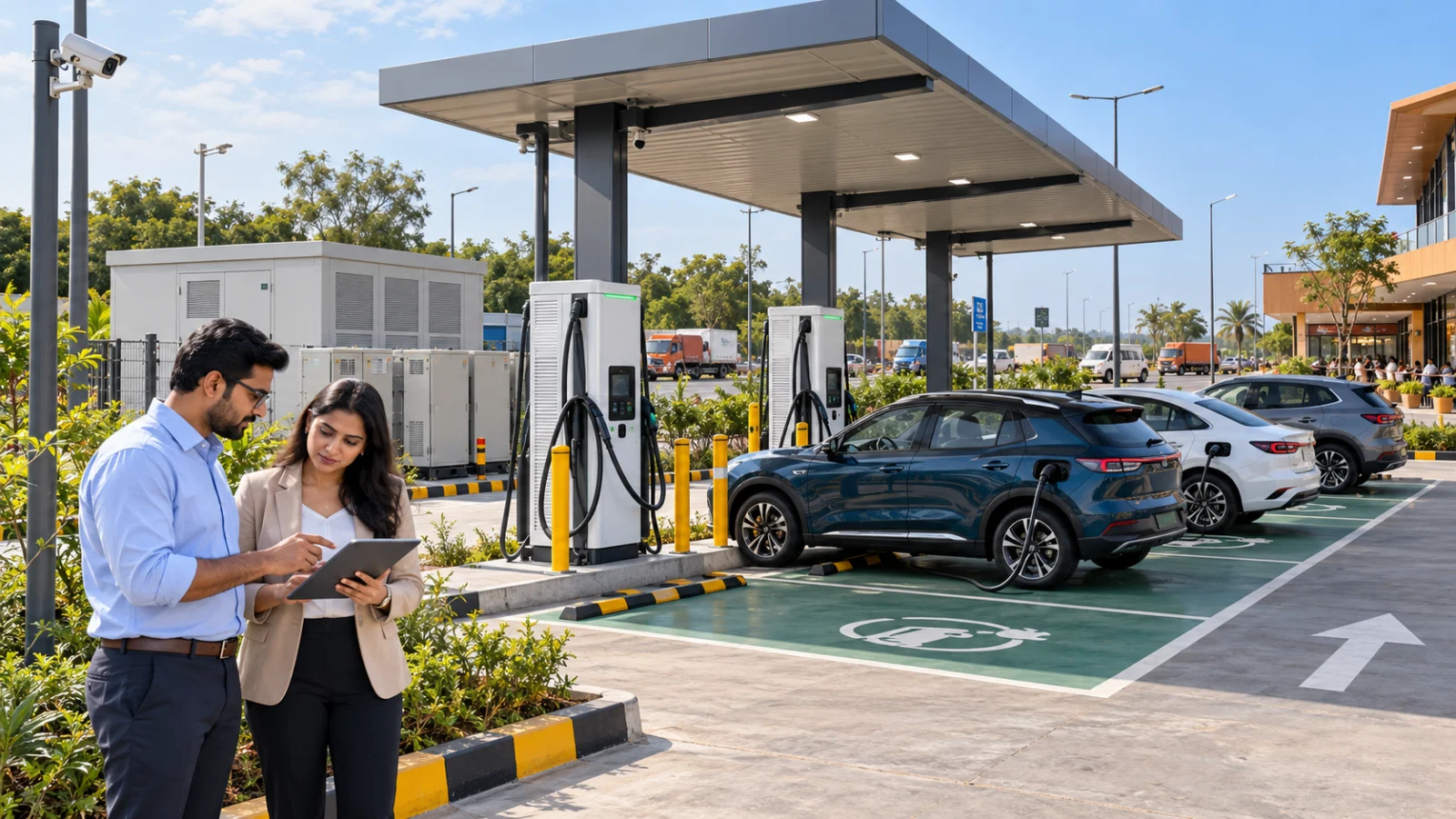 Business professionals reviewing plans at a modern EV charging plaza