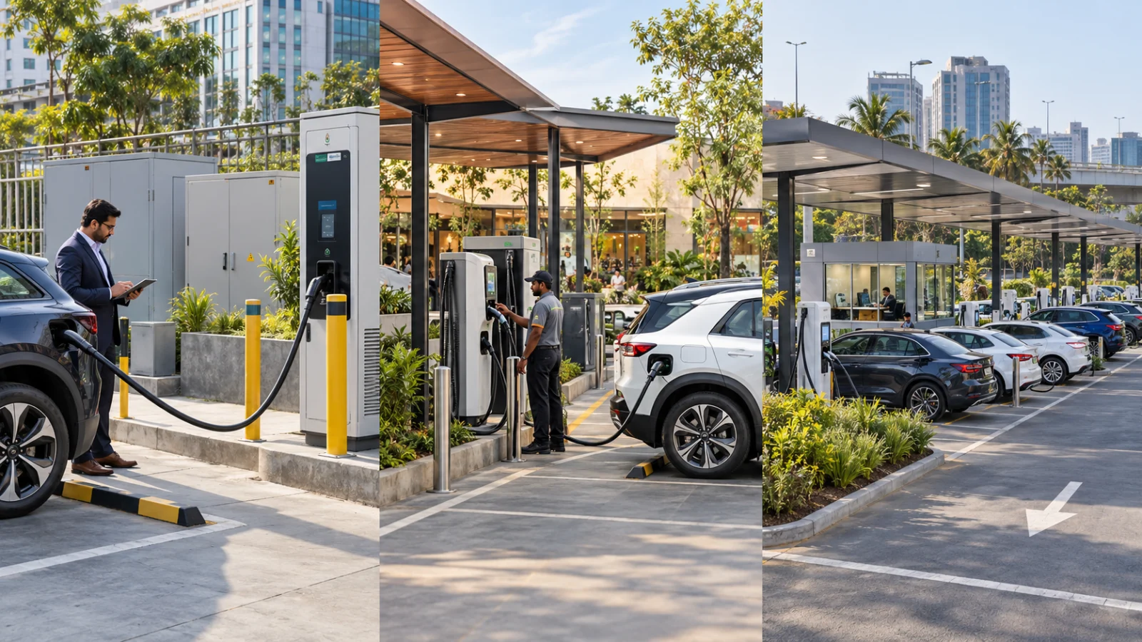 Panoramic view of a commercial EV charging plaza with cars charging