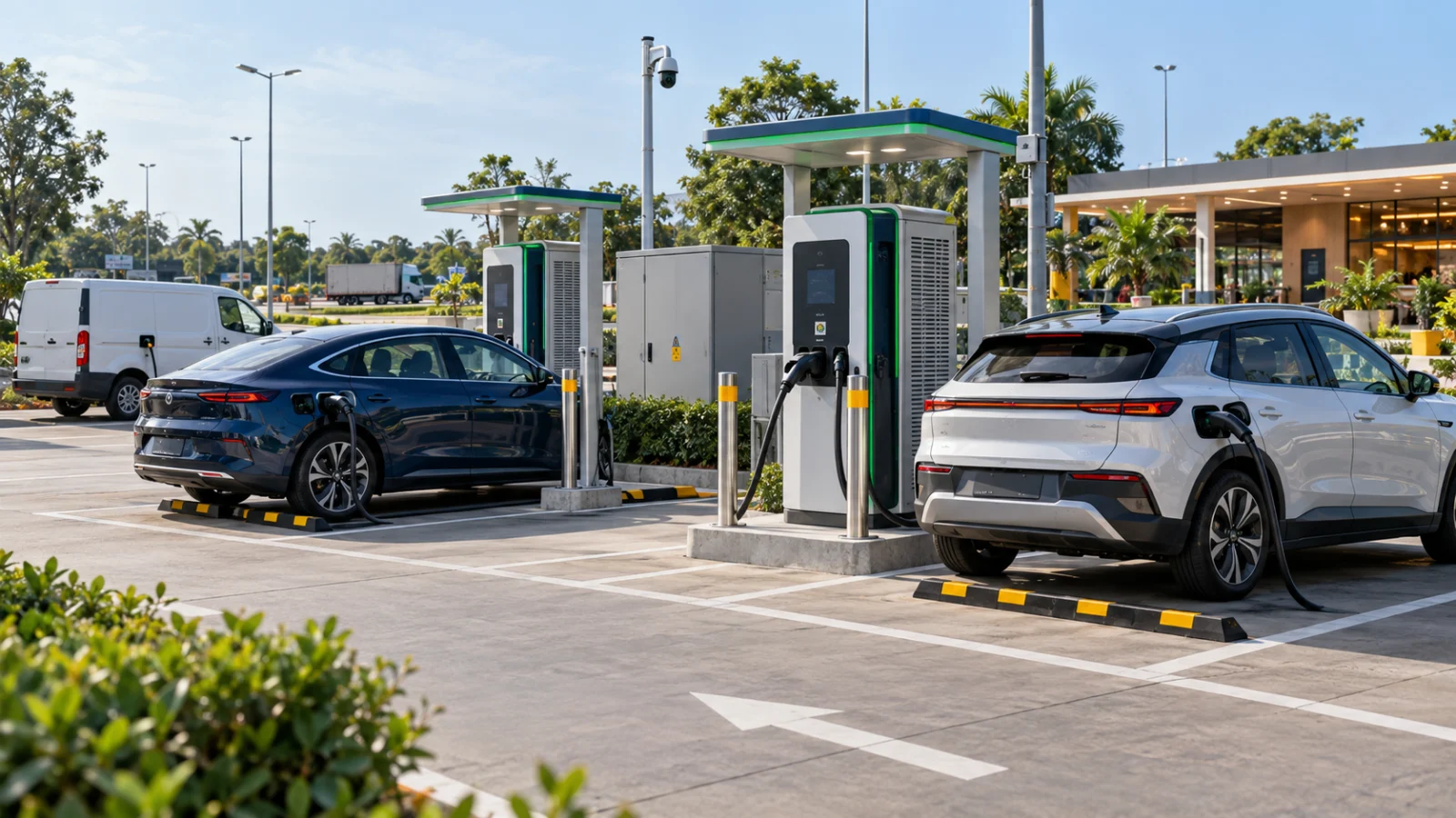 Electric cars charging at a modern roadside EV charging station